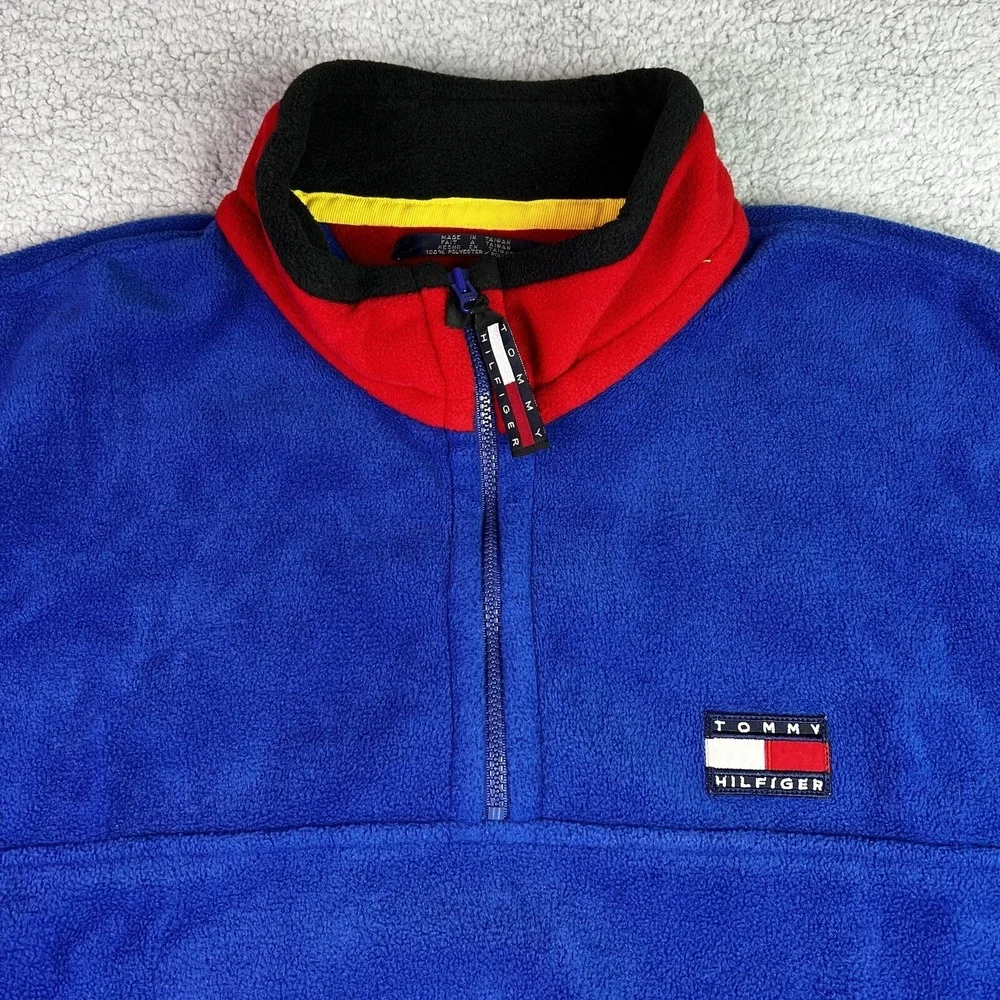 Vintage 90s Y2K Tommy Hilfiger‎ Mens 1/4 Zip Fleece Pullover Blue w/ Red XL